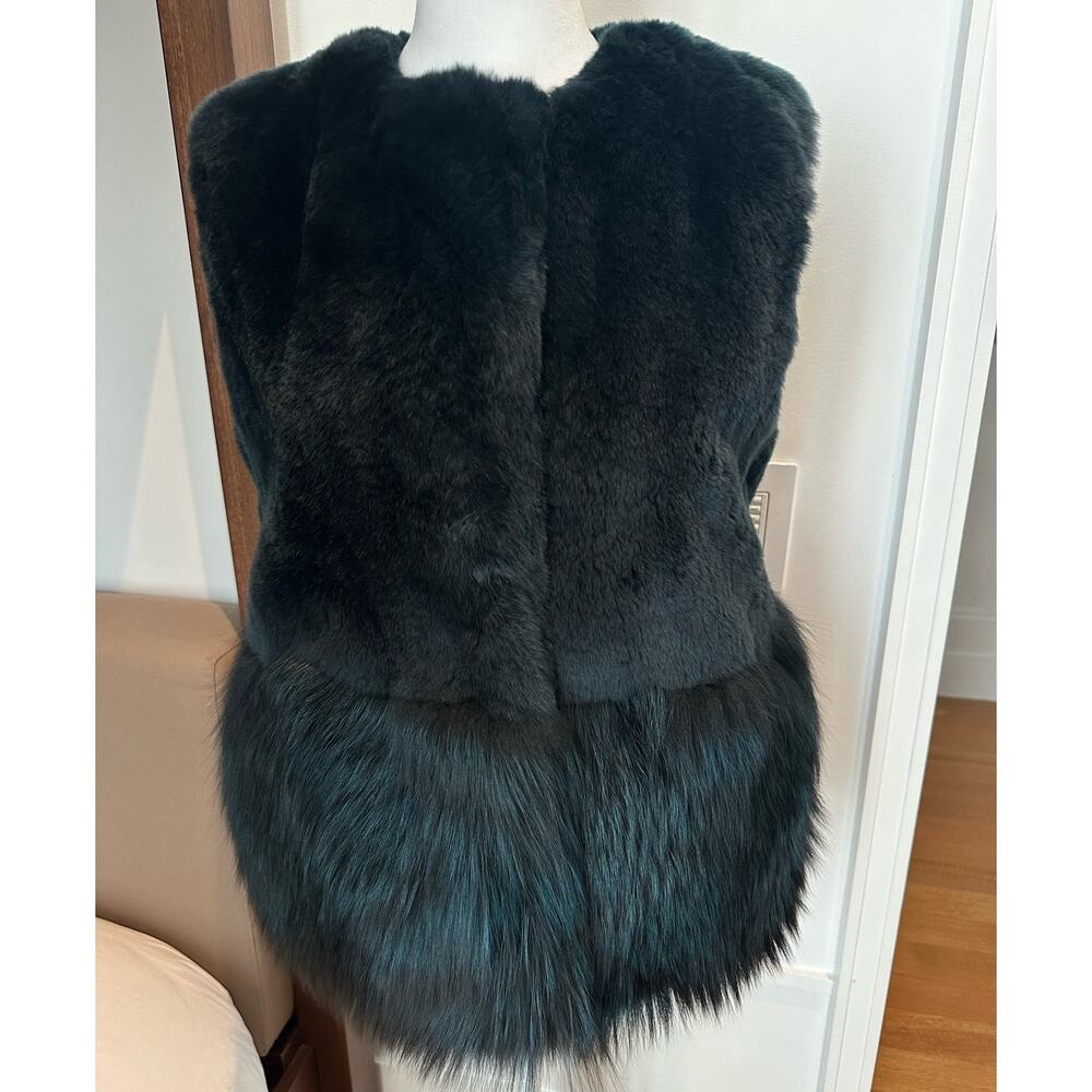 RARE Co Collection Peplum Fur Vest Forest Green size S Fox & Hare Fur Silk lined - Picture 3 of 16